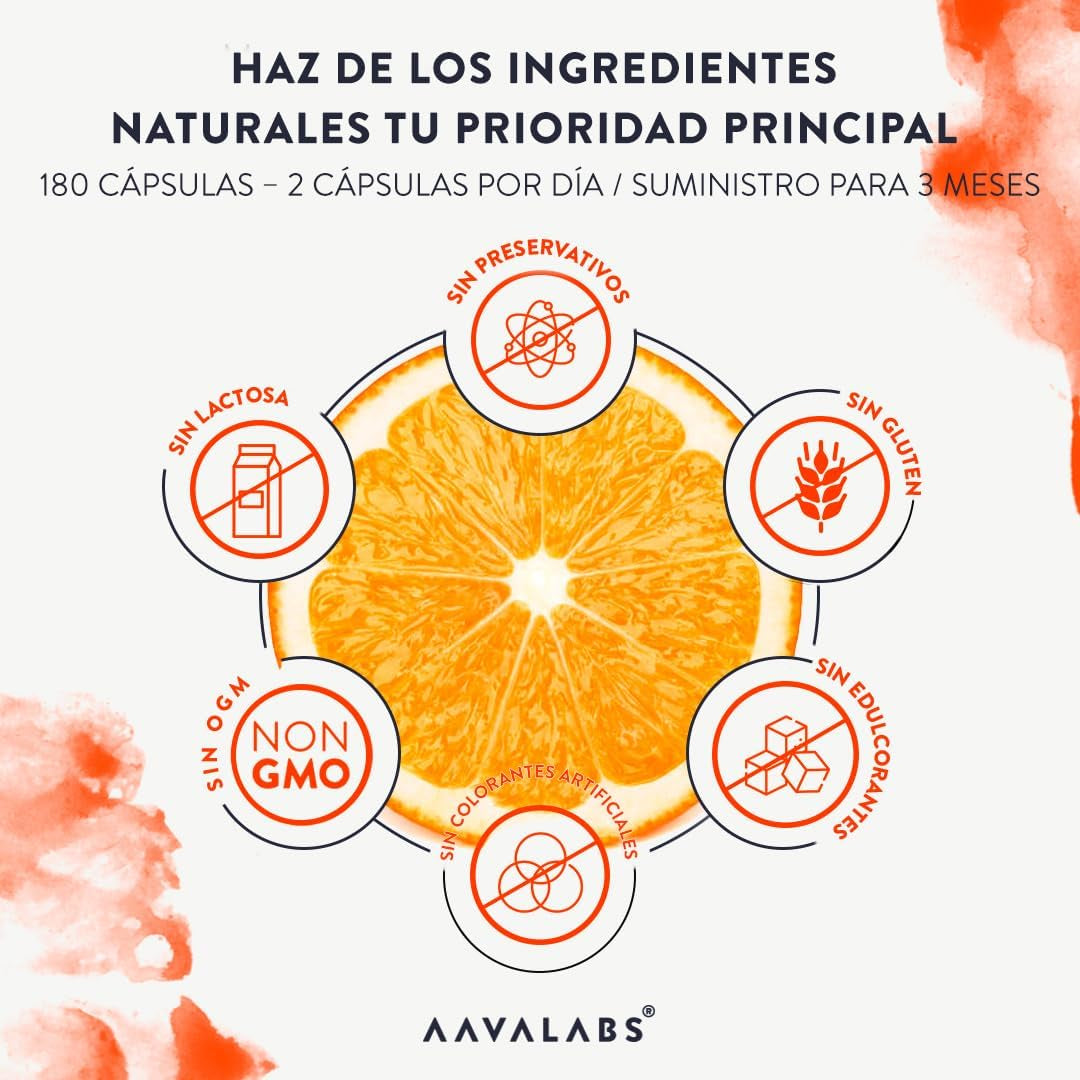 Vitamina C 1000 Mg - Vitamina C Natural - Con Flavonoides De Fruta Cítrica Y Acerola - Por Dosis Diaria (2 Cápsulas) - 180 Cápsulas De Vitamina C Pura Altamente Concentrada- Vegano Y Sin Gluten