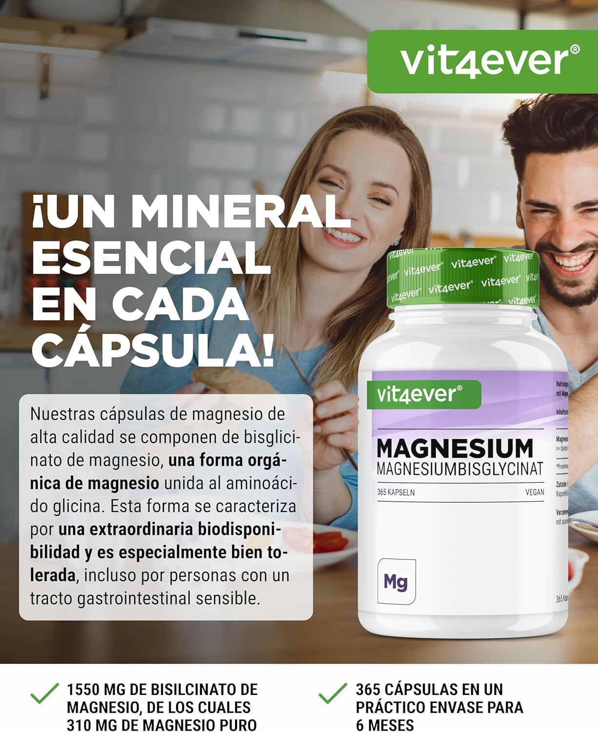 Bisglicinato De Magnesio - 365 Cápsulas - Premium: Magnesio Quelado - 155 Mg De Magnesio Elemental Por Cápsula - Vegano - Fórmula De Alta Dosis