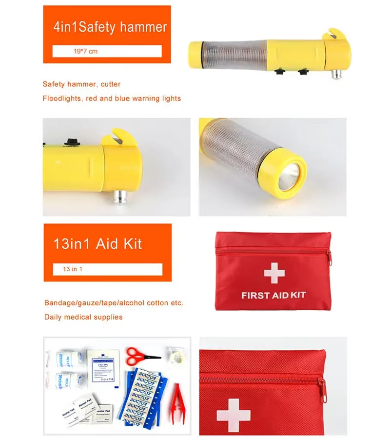 13 in 1 Car Emergency Kit with Tyre Inflator Machine Extinguisher for Emergency Repair and Rescue