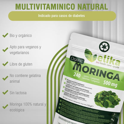 Moringa Oleifera ® ORGÁNICA. 240 Comprimidos 500 Mg. Superfood Natural: Vitaminas, Proteínas, Minerales, Antioxidantes. Energizante Natural. Vegana, Sin Gluten Y Libre De Aditivos.