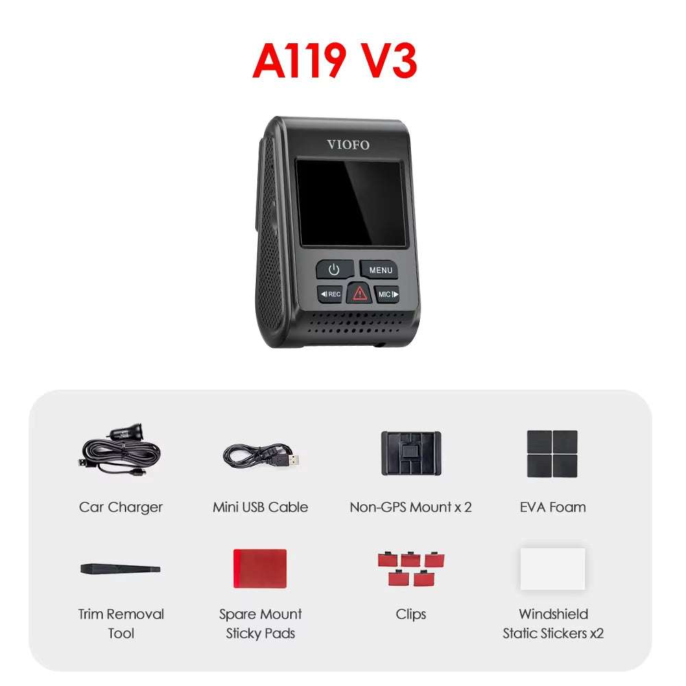 A119 V3 2K car dash cam with accessories, including charger, USB cable, mounts, and stickers.