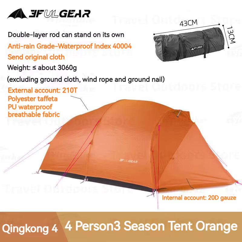 Qingkong 4 Camping Tent Ultralight Portable 15D/210T Large Space 3/4 Season 4 People Tent Outdoor Travel Hiking Tents