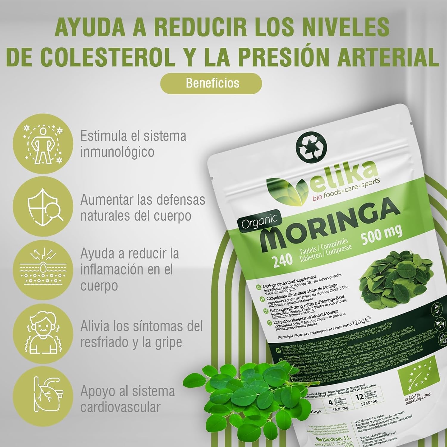 Moringa Oleifera ® ORGÁNICA. 240 Comprimidos 500 Mg. Superfood Natural: Vitaminas, Proteínas, Minerales, Antioxidantes. Energizante Natural. Vegana, Sin Gluten Y Libre De Aditivos.