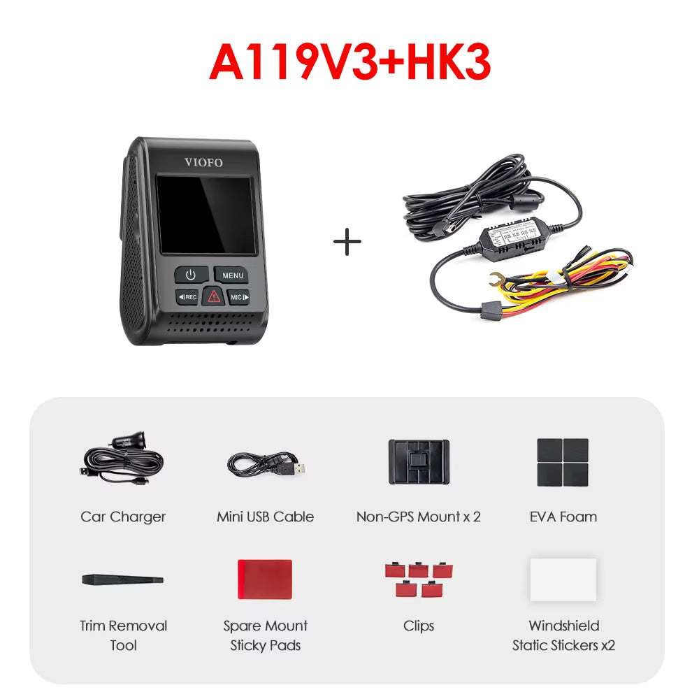 A119 V3 2K Car Dash Cam with accessories including non-GPS mounts, USB cables, and windshield stickers.