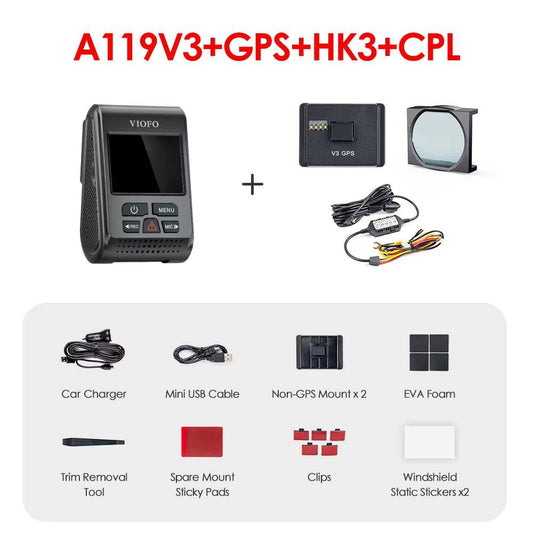 A119 V3 car dash cam with GPS, HK3 hardwire kit, and CPL filter; includes accessories like mounts, charger, and cables.