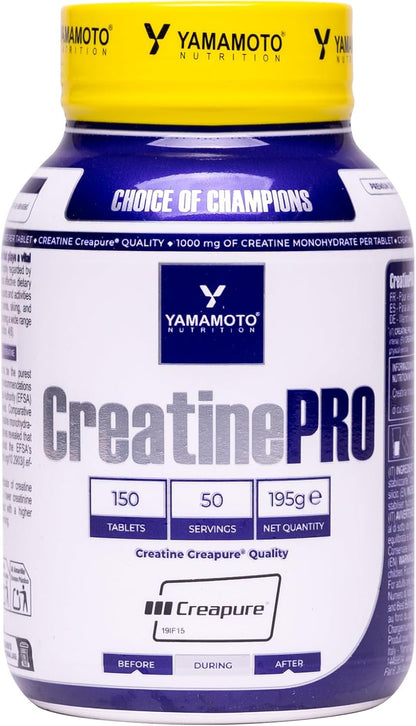 YAMAMOTO NUTRITION Creatine PRO supplement bottle, 150 tablets, Creapure quality.
