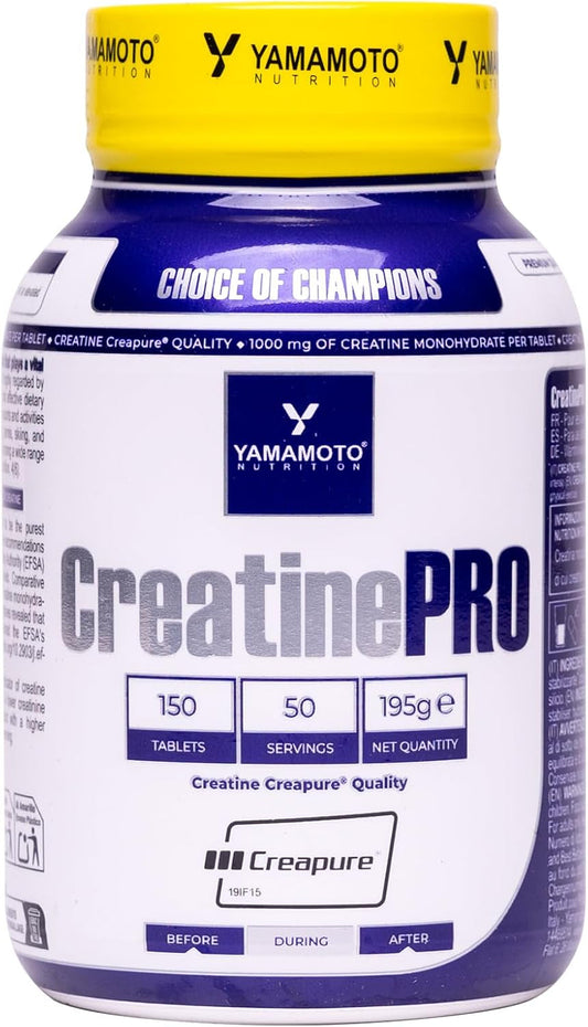 YAMAMOTO NUTRITION Creatine PRO supplement bottle, 150 tablets, Creapure quality.