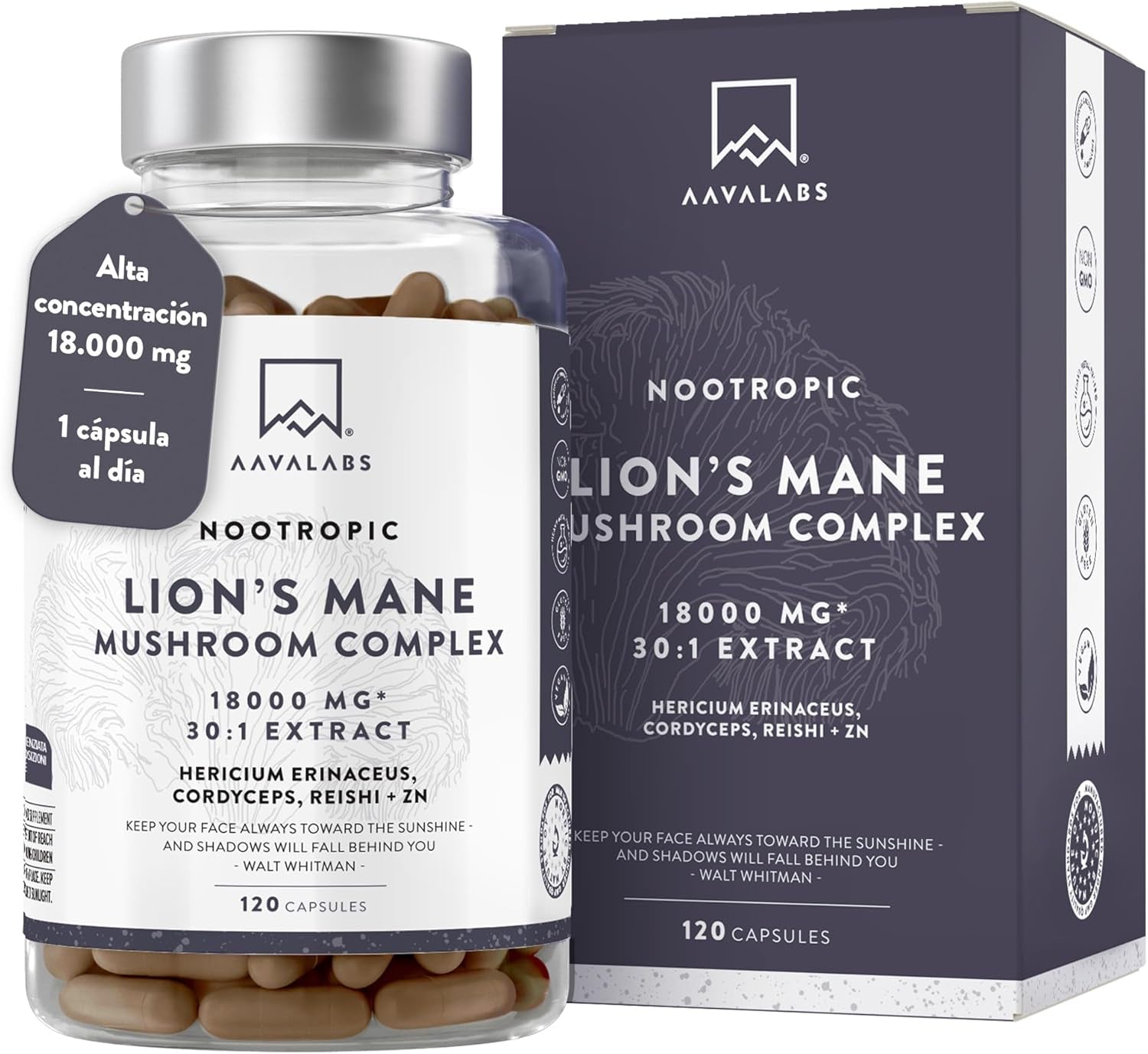 Bottle and packaging of high-potency Lions Mane Mushroom capsules with Reishi, Cordyceps, and Zinc.