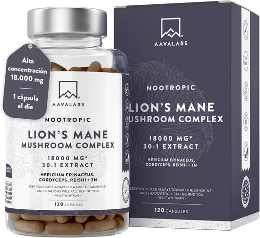 Bottle and packaging of high-potency Lions Mane Mushroom capsules with Reishi, Cordyceps, and Zinc.