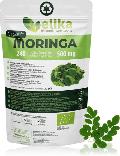 Organic Moringa Oleífera tablets, 500 mg, 240 count, superfood supplement with vitamins, proteins, and antioxidants, vegan and gluten-free.