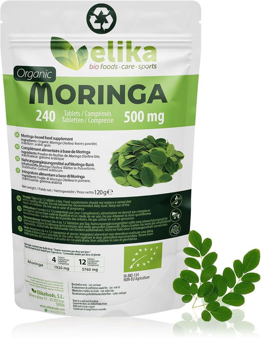 Organic Moringa Oleífera tablets, 500 mg, 240 count, superfood supplement with vitamins, proteins, and antioxidants, vegan and gluten-free.