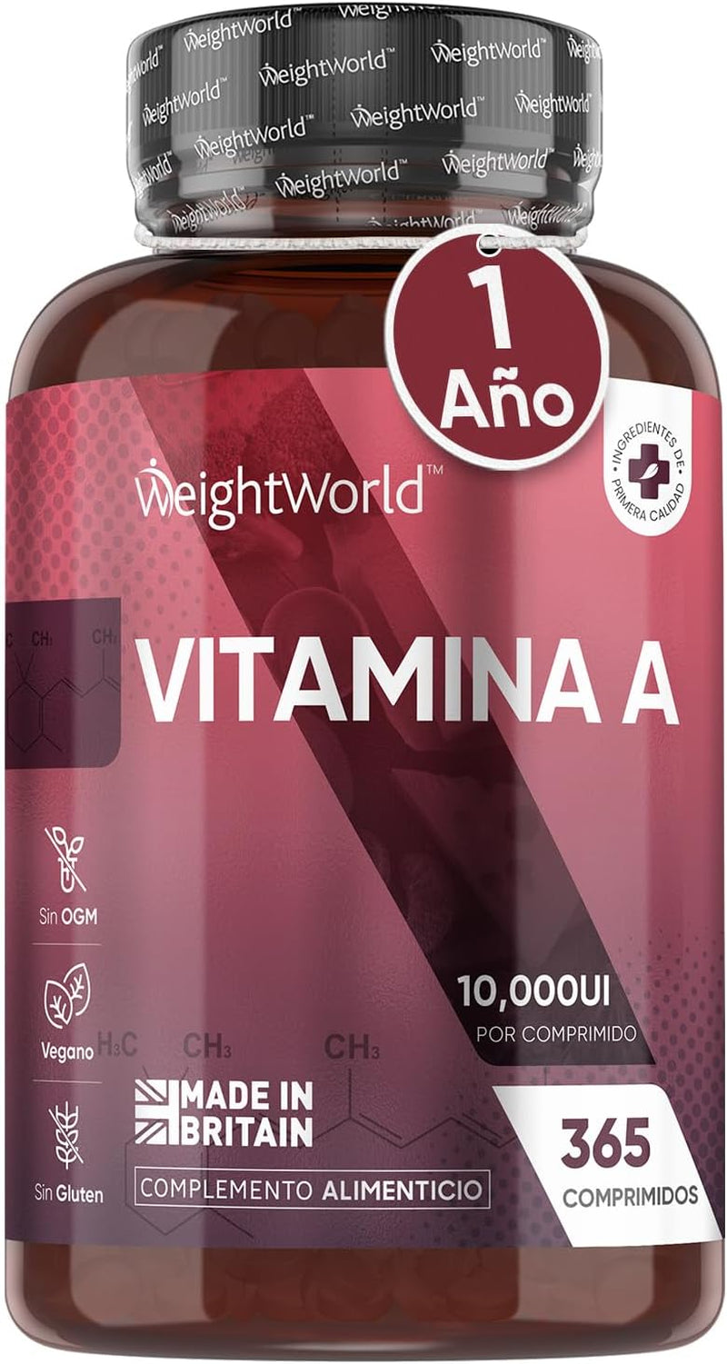 WeightWorld Vitamina A 10000 UI suplemento vegano, 365 comprimidos, 1 año de suministro.