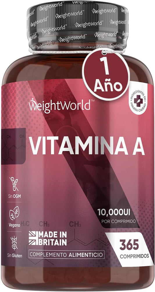 WeightWorld Vitamina A 10000 UI suplemento vegano, 365 comprimidos, 1 año de suministro.
