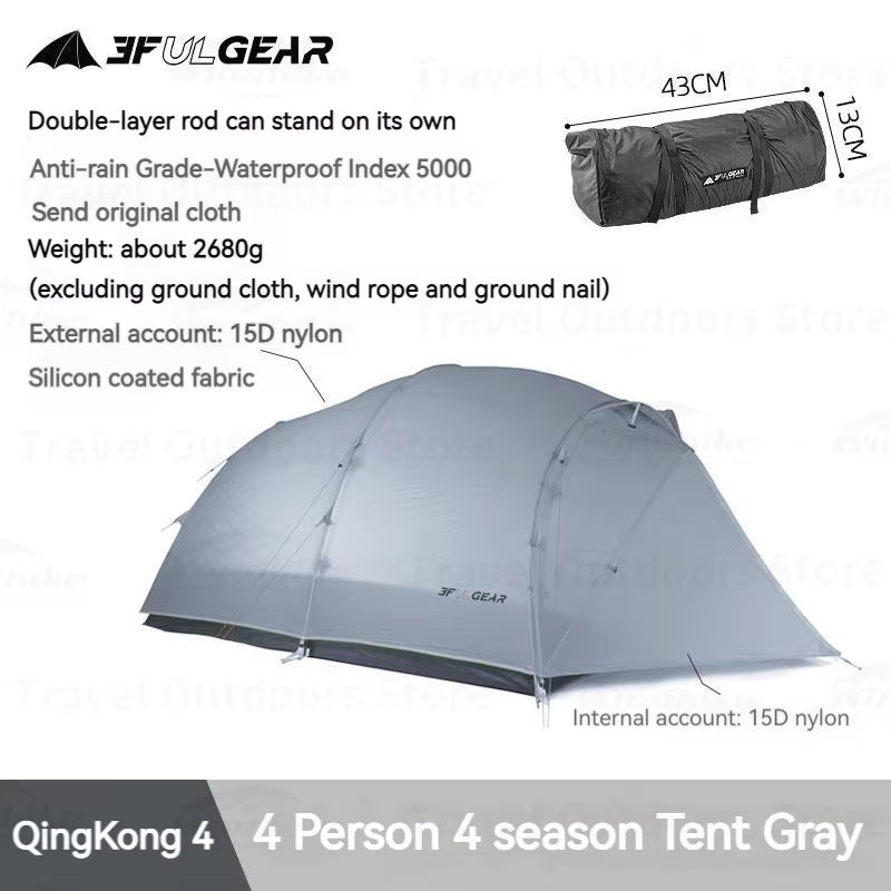 Qingkong 4 Camping Tent Ultralight Portable 15D/210T Large Space 3/4 Season 4 People Tent Outdoor Travel Hiking Tents