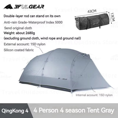Qingkong 4 Camping Tent Ultralight Portable 15D/210T Large Space 3/4 Season 4 People Tent Outdoor Travel Hiking Tents