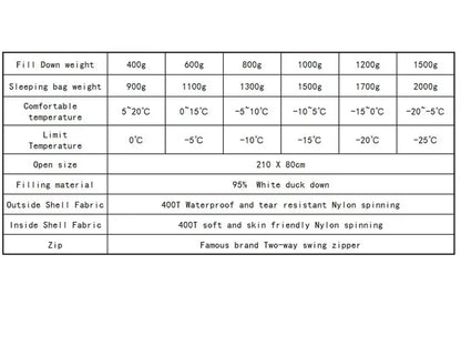 White Duck down Outdoor Camping Sleeping Bag Suitable for Adult Winter Keep Warm