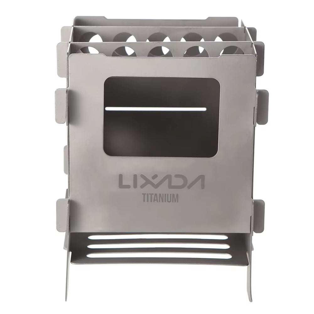 Lightweight titanium stainless steel wood stove for camping and backpacking.