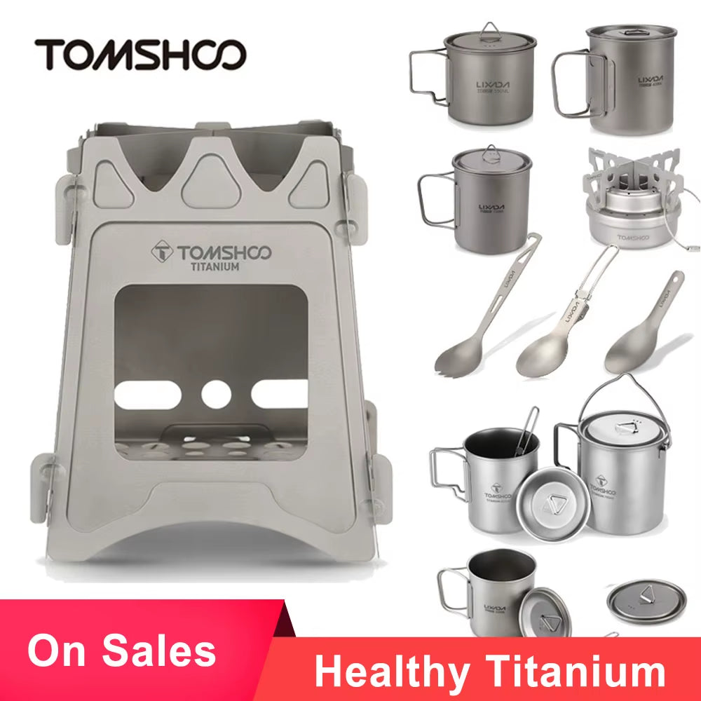 Camping Equipment Titanium Wood Stove Outdoor Cookware Tableware Set Hiking Picnic Backpacking Camping Pot Pan Mug Set