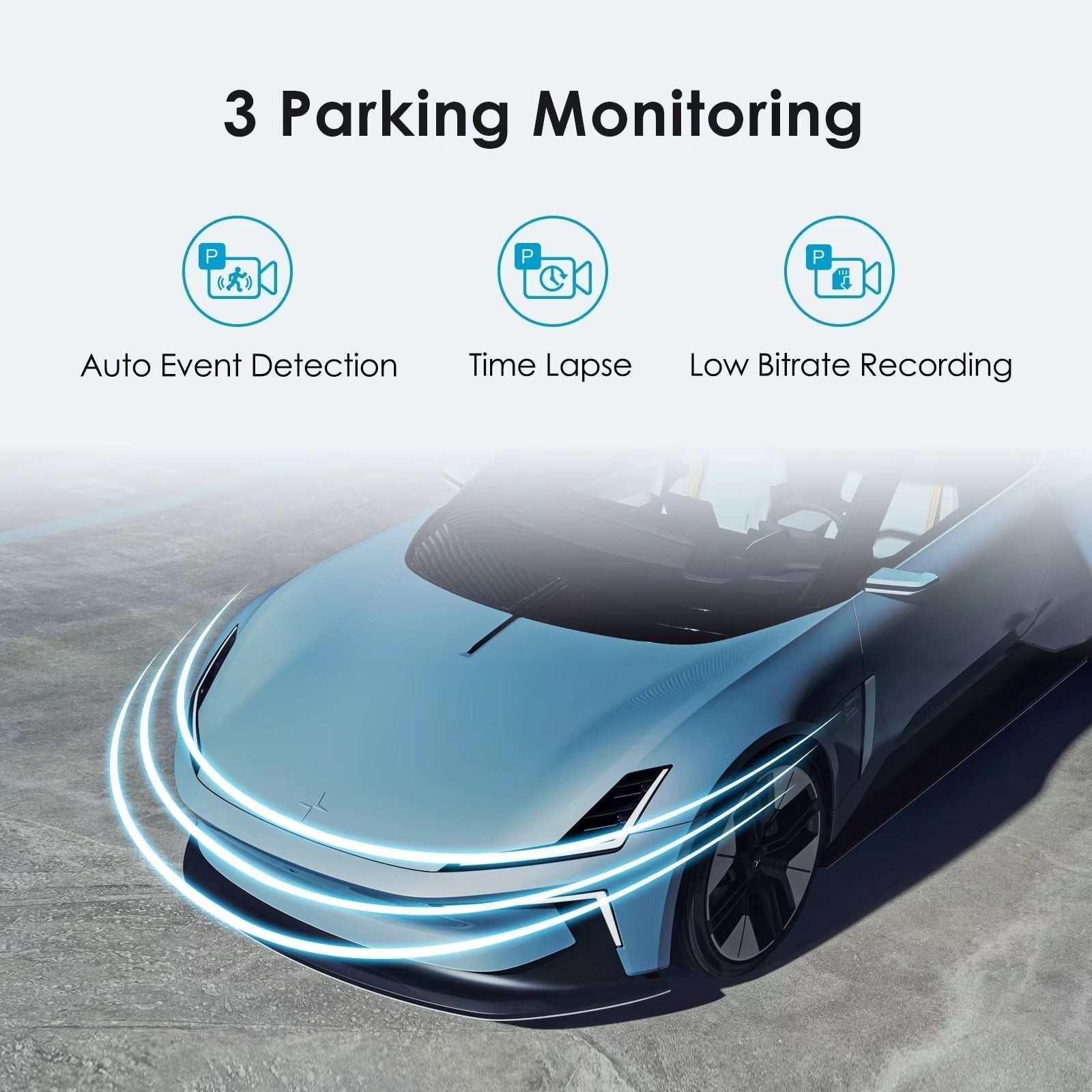 Car dash cam featuring 3 parking monitoring modes: auto event detection, time lapse, and low bitrate recording, for enhanced vehicle surveillance.