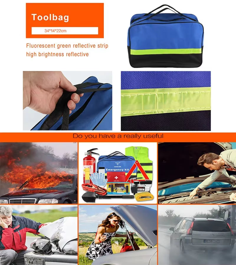 13 in 1 Car Emergency Kit with Tyre Inflator Machine Extinguisher for Emergency Repair and Rescue