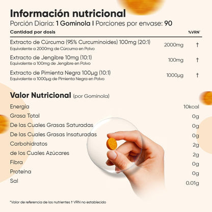 Vegan turmeric gummies with ginger and black pepper, 2100mg, lemon flavor, gluten-free.