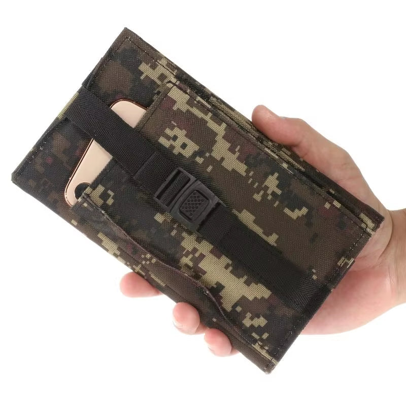 Portable solar panel folding bag in camouflage design, compact and easy to carry, ideal for outdoor power needs.