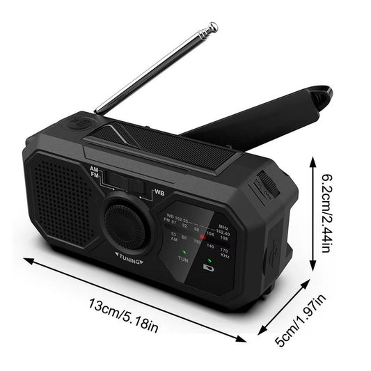 Solar-powered hand-cranked lighting radio for outdoor activities; features LED flashlight and FM function.