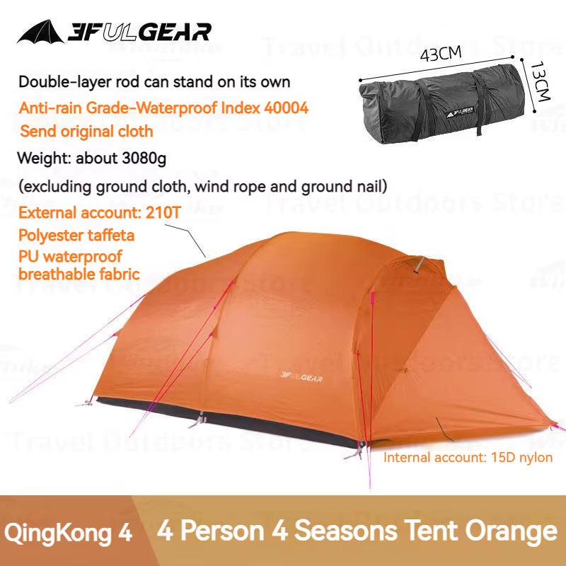 Qingkong 4 Camping Tent Ultralight Portable 15D/210T Large Space 3/4 Season 4 People Tent Outdoor Travel Hiking Tents