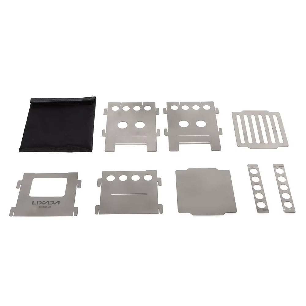 Lightweight folding wood stove components made of titanium and stainless steel, ideal for outdoor camping and backpacking.