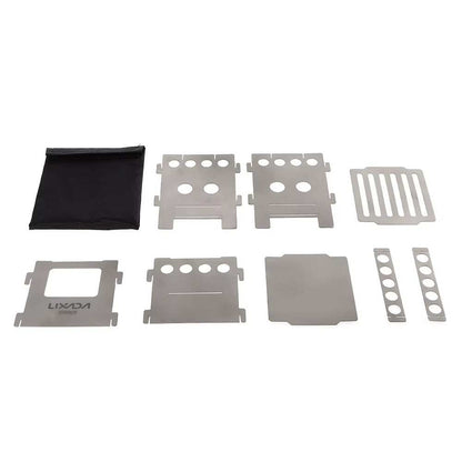 Lightweight folding wood stove components made of titanium and stainless steel, ideal for outdoor camping and backpacking.