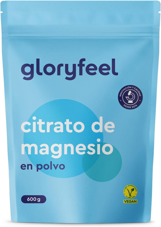 Citrato de magnesio en polvo Gloryfeel, 600g, 100% puro sin aditivos, sabor neutro, sin gluten ni lactosa.