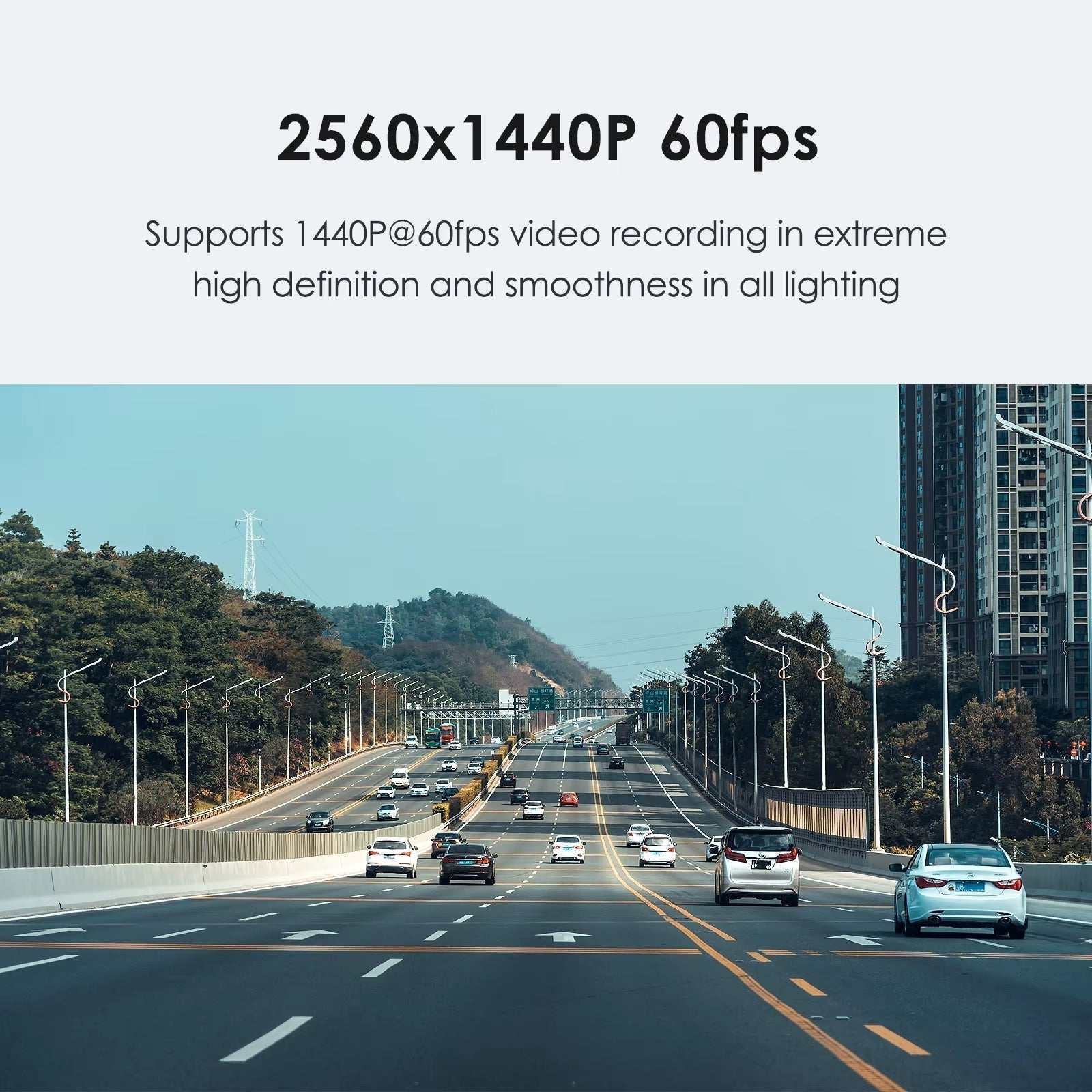 2K car dash cam with 2560x1440P 60fps video recording, high definition imaging, and smooth performance in all lighting conditions.