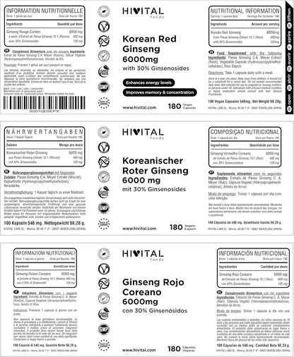 Ginseng Rojo Coreano 6000 Mg. 180 Cápsulas Veganas Para 6 Meses De Tratamiento. Extracto Natural De Raíz 15:1 Con Un 30% De Ginsenosidos Por Cápsula. Fabricado En España Por HIVITAL
