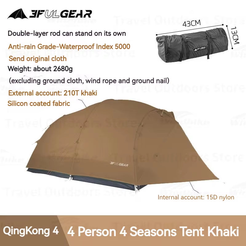Qingkong 4 Camping Tent Ultralight Portable 15D/210T Large Space 3/4 Season 4 People Tent Outdoor Travel Hiking Tents